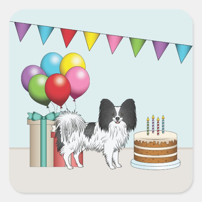 Black And White Papillon Dog Colorful Birthday Square Sticker (Front)