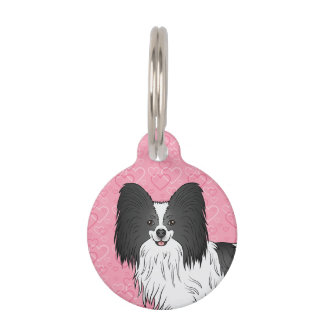 Black And White Papillon Dog Head On Pink Hearts Pet ID Tag