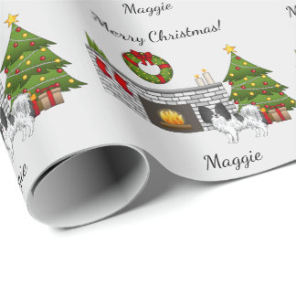 Black And White Papillon Dog In A Christmas Room Wrapping Paper