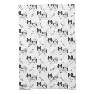 Black And White Papillon Dog Pattern With Name Kitchen Towel