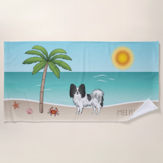 Black And White Papillon Dog Tropical Summer Beach Beach Towel