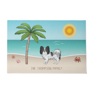 Black And White Papillon Dog Tropical Summer Beach Doormat