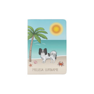 Black And White Papillon Dog Tropical Summer Beach Passport Holder