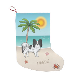 Black And White Papillon Dog Tropical Summer Beach Small Christmas Stocking