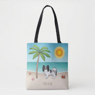 Black And White Papillon Dog Tropical Summer Beach Tote Bag