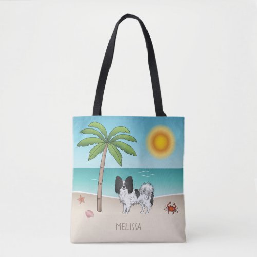 Black And White Papillon Dog Tropical Summer Beach Tote Bag