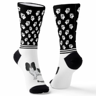 Black And White Papillon Dog With Name And Paws Socks