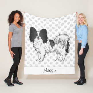 Black And White Papillon Dog With Paws And Name Fleece Blanket