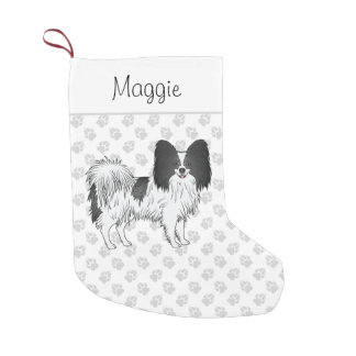 Black And White Papillon Dog With Paws And Name Small Christmas Stocking