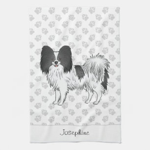 Black And White Papillon Dog With Paws And Text Kitchen Towel