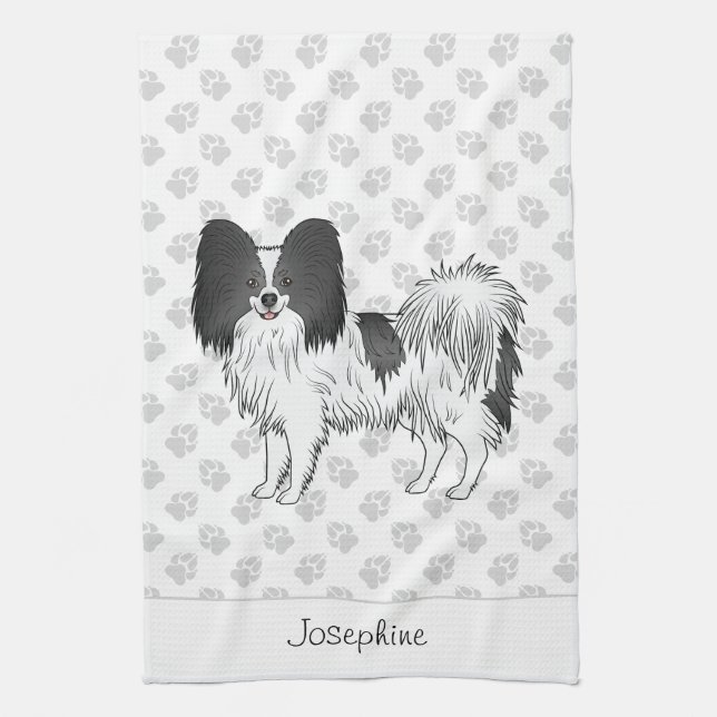Black And White Papillon Dog With Paws And Text Kitchen Towel (Vertical)