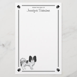 Black And White Papillon Dog With Paws And Text Stationery