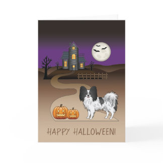 Black And White Papillon & Halloween Haunted House Card