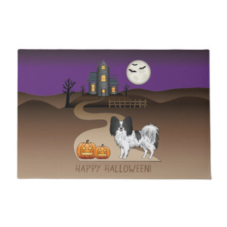 Black And White Papillon & Halloween Haunted House Doormat