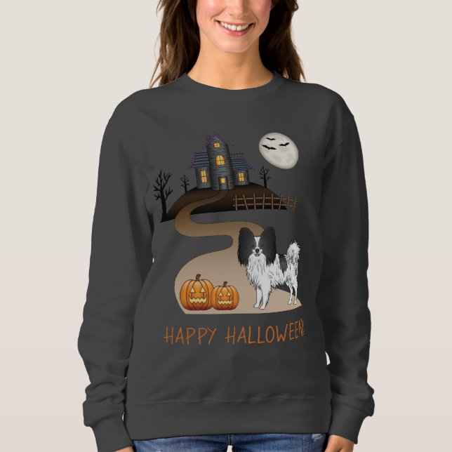 Black And White Papillon & Halloween Haunted House Sweatshirt (Front)