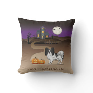 Black And White Papillon &amp; Halloween Haunted House Throw Pillow