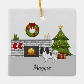 Black And White Papillon In A Christmas Room Ceramic Ornament