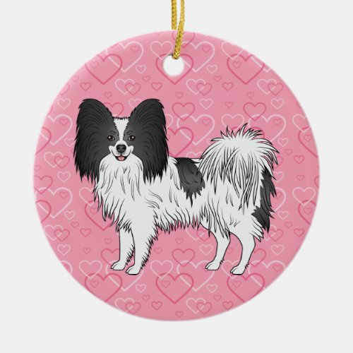 Black And White Papillon Pink Hearts Pet Memorial Ceramic Ornament