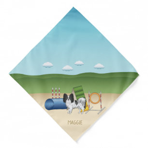 Black And White Papillon With Agility Equipment Bandana