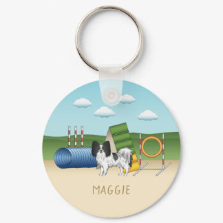 Black And White Papillon With Agility Equipment Keychain