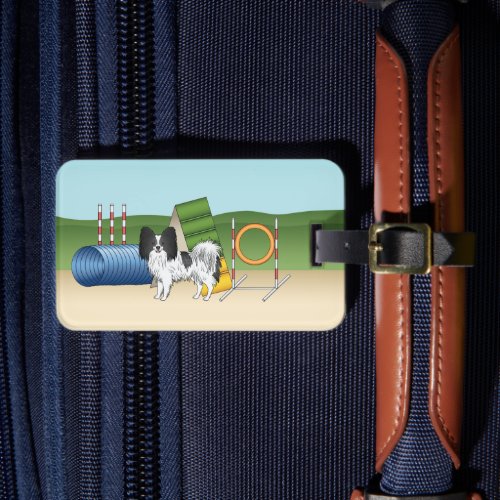 Black And White Papillon With Agility Equipment Luggage Tag