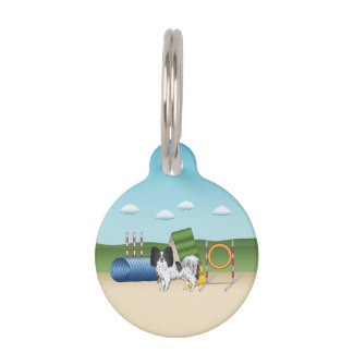 Black And White Papillon With Agility Equipment Pet ID Tag