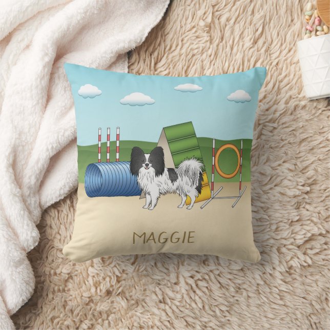 Black And White Papillon With Agility Equipment Throw Pillow (Blanket)