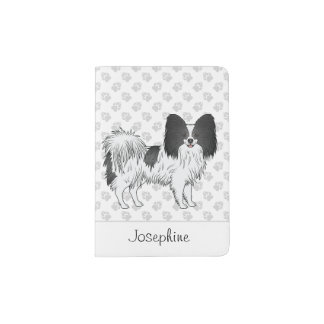 Black And White Papillon With Custom Name And Paws Passport Holder