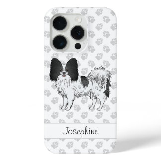 Black And White Papillon With Paws And Custom Name iPhone 15 Pro Case