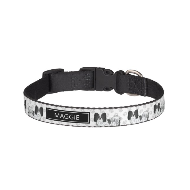 Black And White Papillon With Paws And Custom Name Pet Collar (Front)