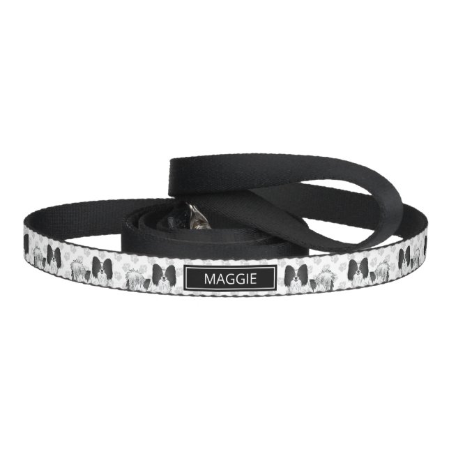 Black And White Papillon With Paws And Custom Name Pet Leash (Handle)