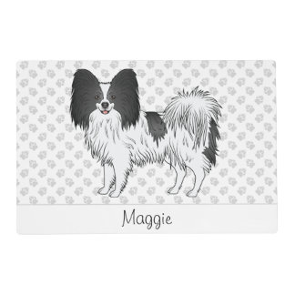 Black And White Papillon With Paws And Custom Name Placemat