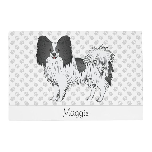 Black And White Papillon With Paws And Custom Name Placemat (Front)