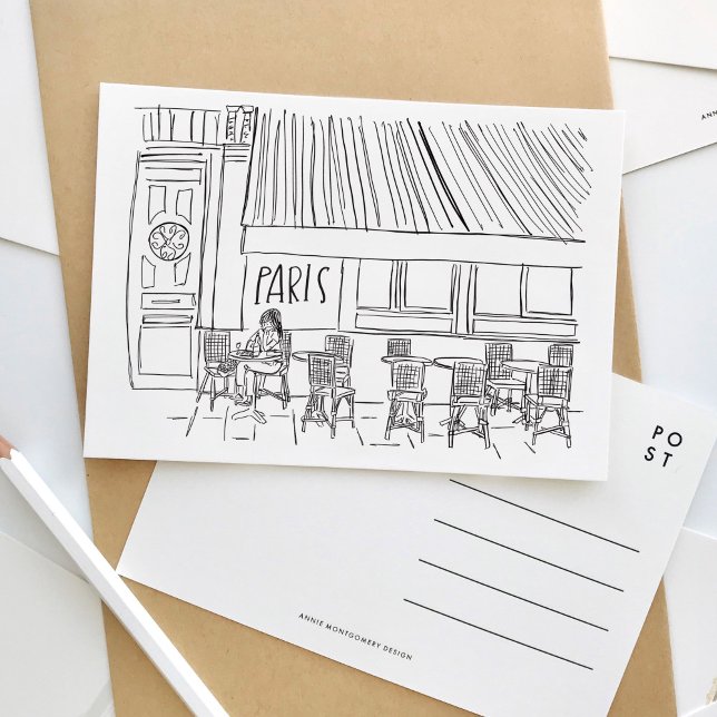 Black and White Paris Cafe Postcard (Black and white sketch Paris travel postcard.)