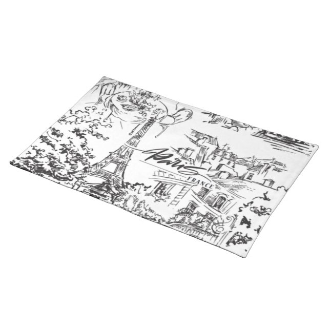 Black and White Paris Eiffel Toile  Cloth Placemat (On Table)