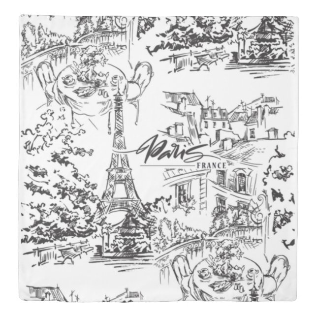 Black and White Paris Eiffel Toile  Duvet Cover (Front)
