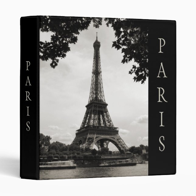 Black and White Paris Eiffel Tower 3 Ring Binder (Front/Spine)