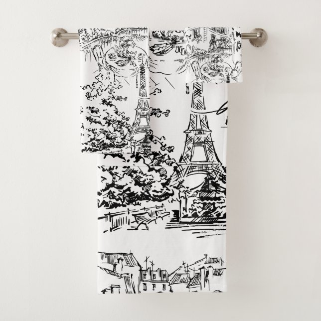Black and White Paris Eiffel Tower Bath Towel Set (Insitu)