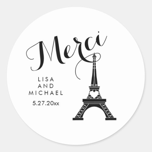 Black and White Paris Eiffel Tower Wedding Merci Classic Round Sticker