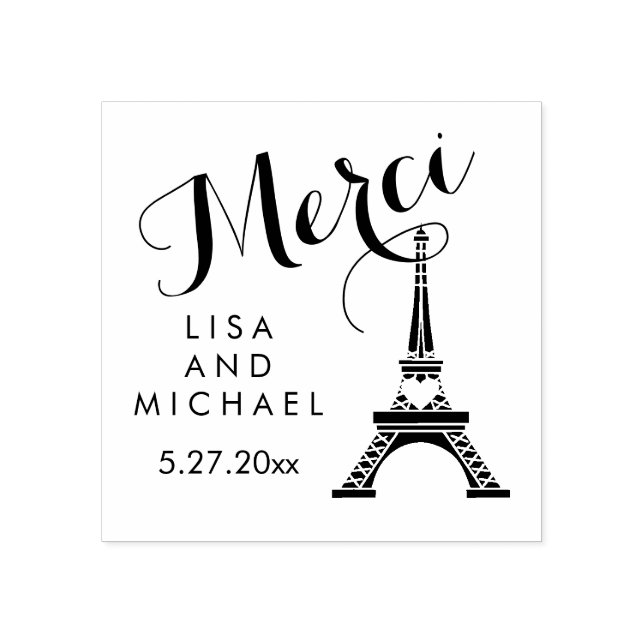 Black and White Paris Eiffel Tower Wedding Merci Rubber Stamp (Imprint)