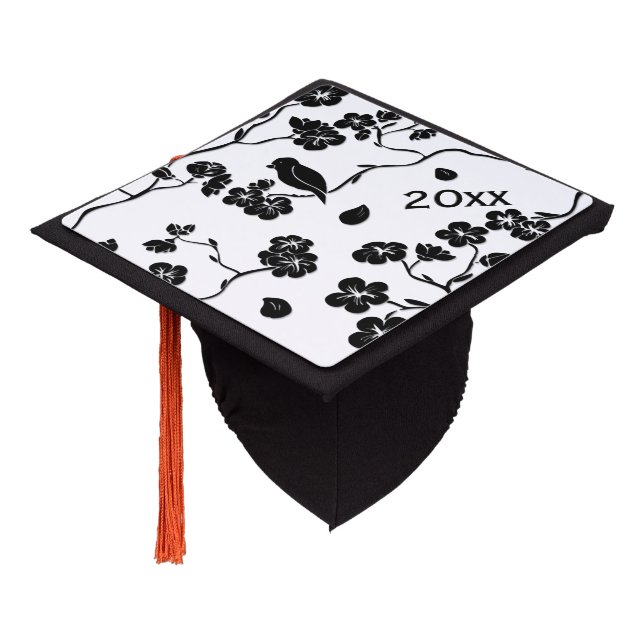 Black and White Pattern Bird Cherry Blossoms Year Graduation Cap Topper (Angled)