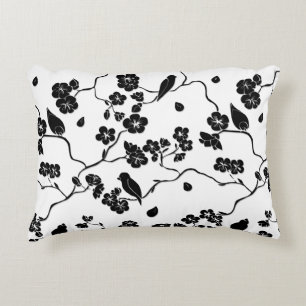 Black and White Pattern Birds on Cherry Blossoms Accent Pillow