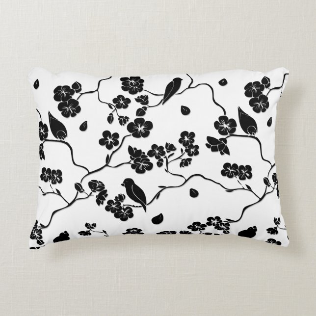Black and White Pattern Birds on Cherry Blossoms Accent Pillow (Front)