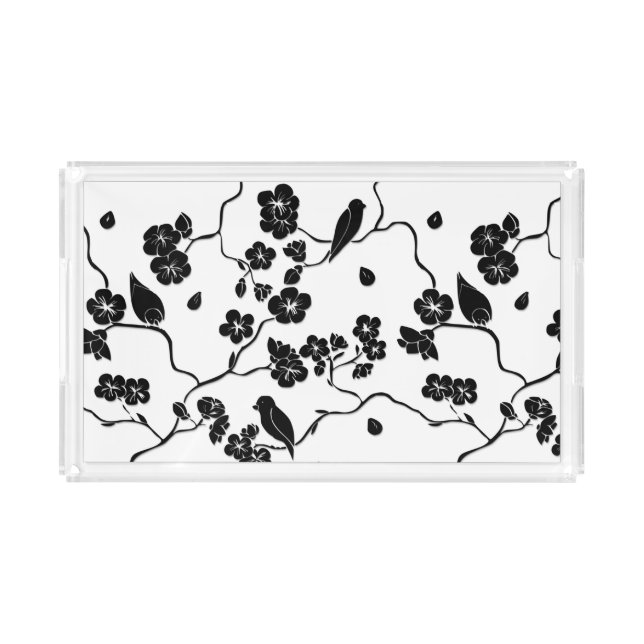 Black and White Pattern Birds on Cherry Blossoms Acrylic Tray (Front)