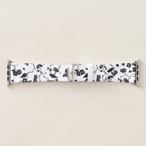 Black and White Pattern Birds on Cherry Blossoms Apple Watch Band