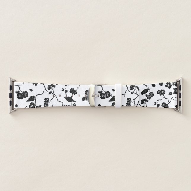 Black and White Pattern Birds on Cherry Blossoms Apple Watch Band (Band)
