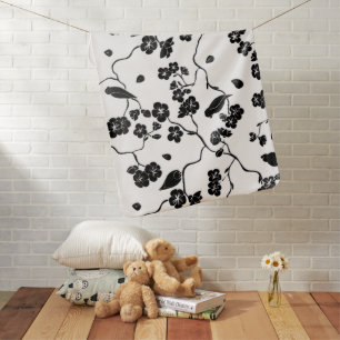 Black and White Pattern Birds on Cherry Blossoms Baby Blanket