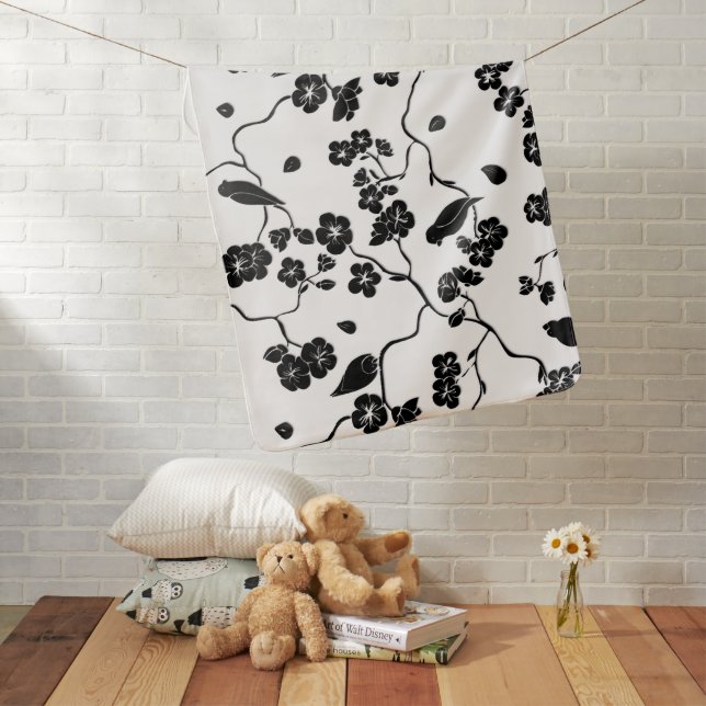 Black and White Pattern Birds on Cherry Blossoms   Baby Blanket (In Situ)