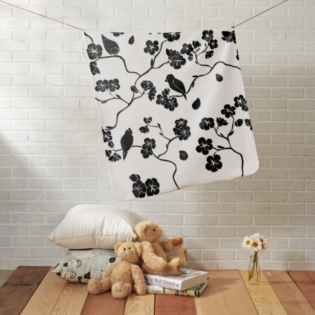 Black and White Pattern Birds on Cherry Blossoms Baby Blanket (In Situ)