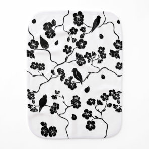 Black and White Pattern Birds on Cherry Blossoms Baby Burp Cloth